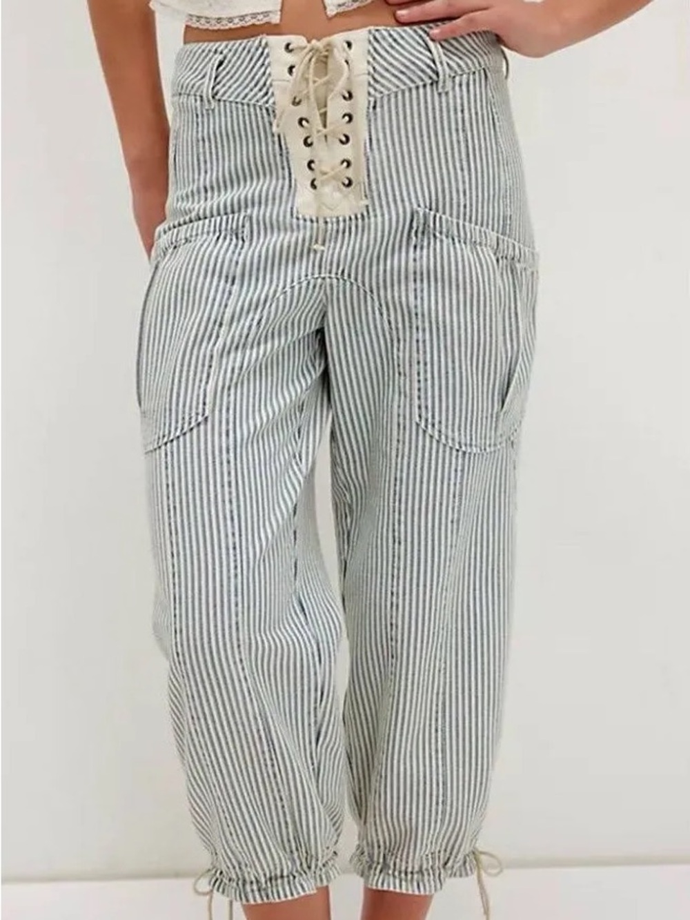 We The Free Free People Blue and Cream Striped Lace-Up Cropped Pants size 29